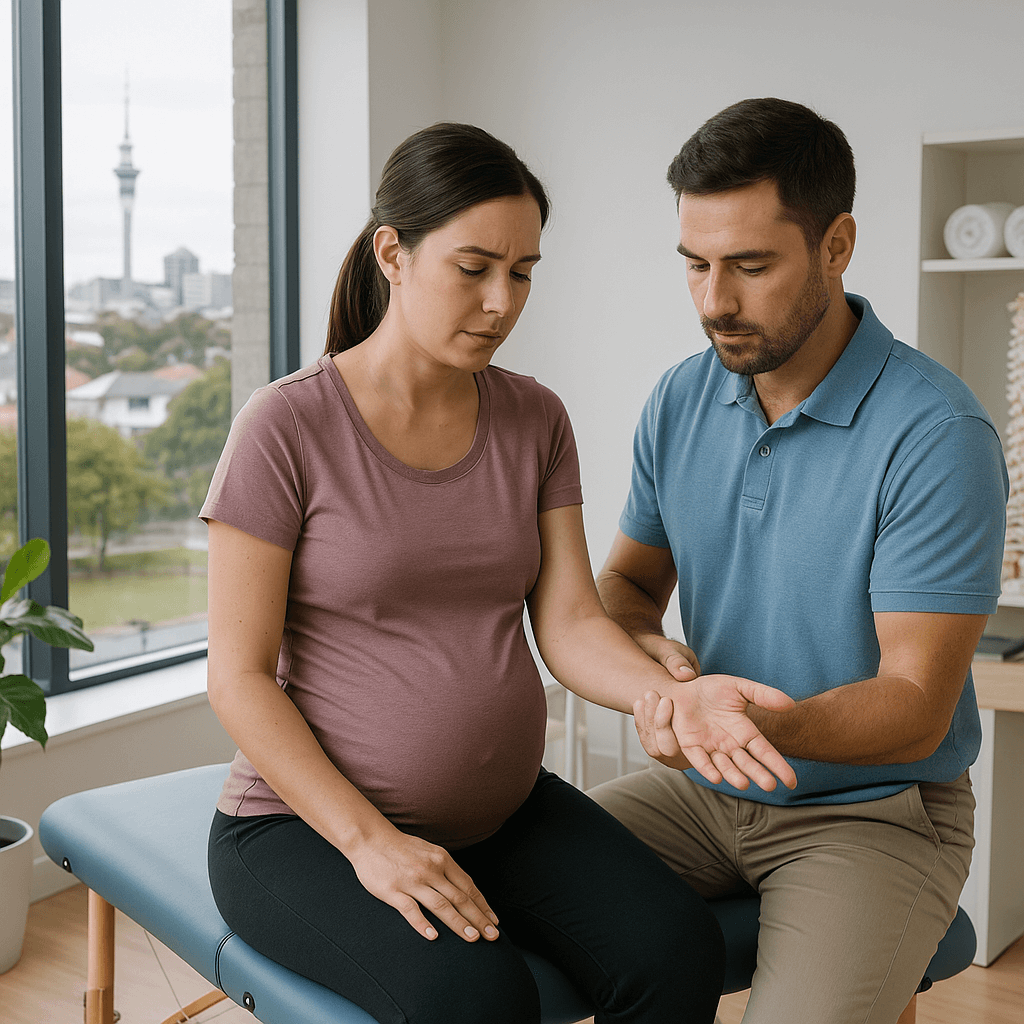 Photorealistic image showing a pregnant woman experiencing wrist pain, indicative of carpal tunnel syndrome