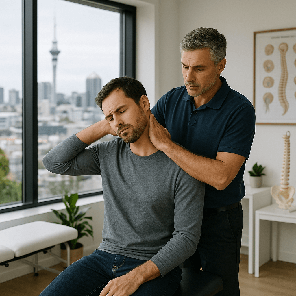 Photorealistic image showing a person gently massaging their neck to address discomfort
