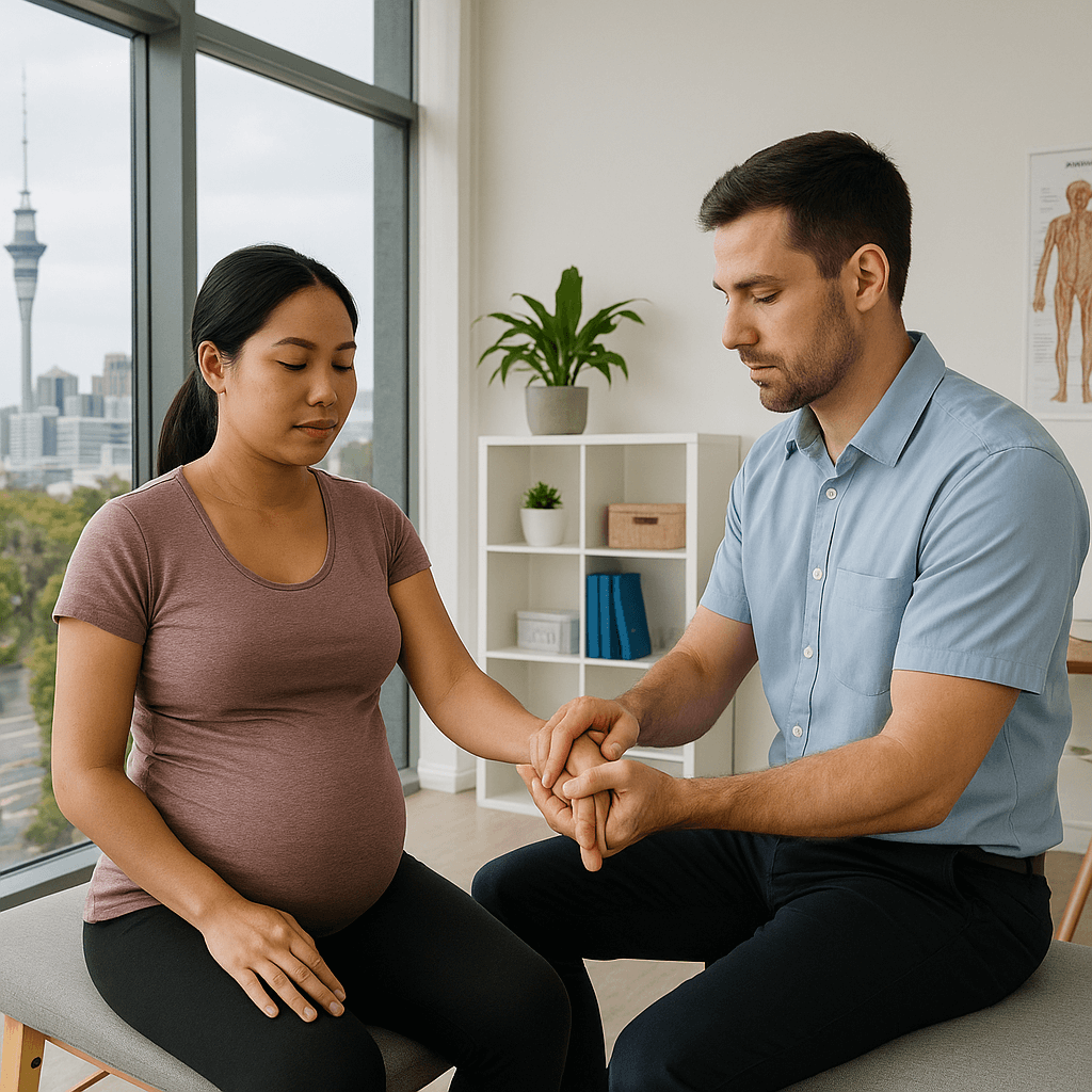 Pregnant woman performing hand stretches to relieve carpal tunnel