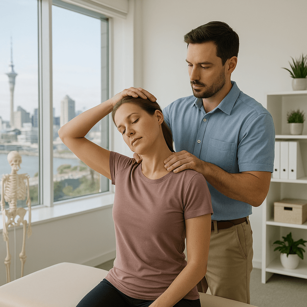 A person practicing neck stretching exercises at home